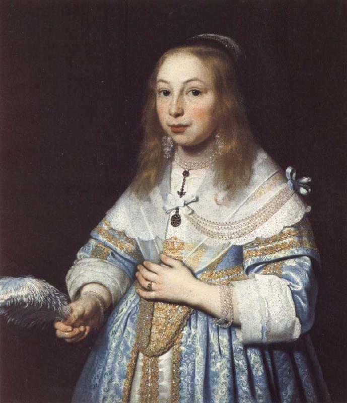 Bartholomeus van der Helst Portrait of a Girl in Pale Blue with an Ostrich Feather Fan